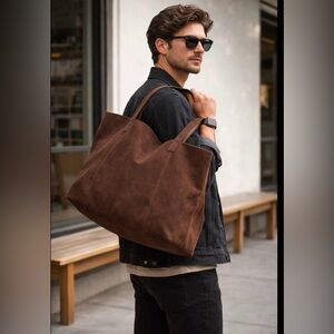Large Brown Suede Tote Mens Minimalist Laptop Carryall Bag preppy avant- guard